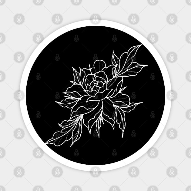 White Peony Lineart Magnet by Print Art Station